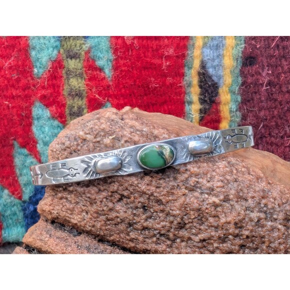 Vintage Sterling Green Turquoise Bracelet, Southwestern Fred Harvey Era Cuff